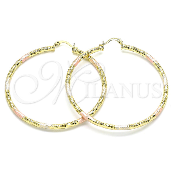 Gold Filled Hoop Earrings — Large Hoop Hollow Design Diamond Cutting Tricolor 02. — main product view — SKU 143917 | Oro Laminado aretes de aro — Large Hoop Hollow diseño Diamond Cutting Tricolor 02. — SKU 143917