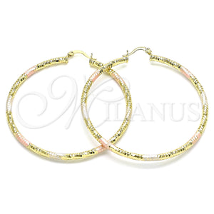 Gold Filled Hoop Earrings — Large Hoop Hollow Design Diamond Cutting Tricolor 02. — main product view — SKU 143917 | Oro Laminado aretes de aro — Large Hoop Hollow diseño Diamond Cutting Tricolor 02. — SKU 143917