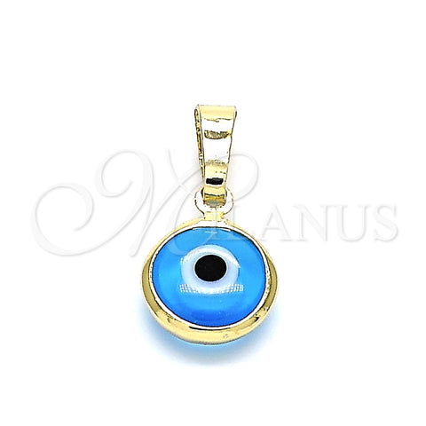 Oro Laminado Fancy Pendant, Gold Filled Style Evil Eye Design, Azul claro Resin Finish, Golden Finish, 05.63.1163.1