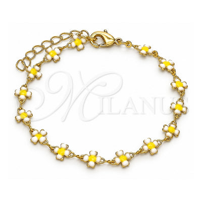 Oro Laminado Fancy Bracelet, Gold Filled Style Four-leaf Clover Design, White Enamel Finish, Golden Finish, 03.386.0009.07 (06 MM Thickness, 7 Inches Length)