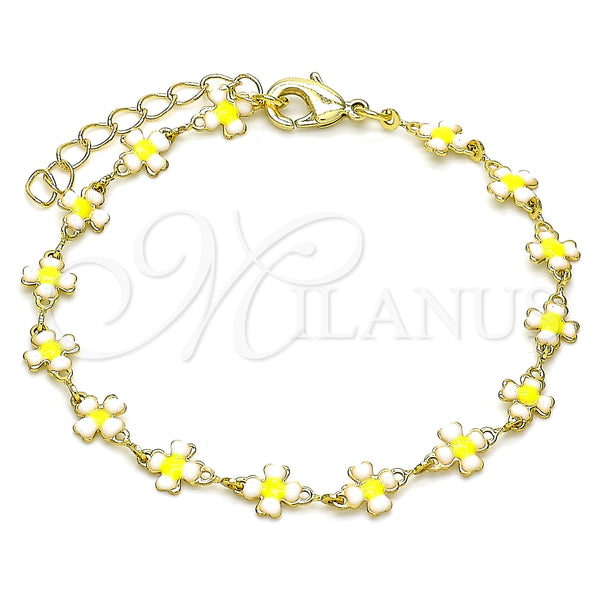 Gold Filled Bracelet — Fancy Bracelet Four-leaf Clover Design White Enamel 03. — main product view — SKU 143940 | Oro Laminado brazalete — elegante Bracelet Four-leaf Clover diseño blanco Enamel 03. — SKU 143940