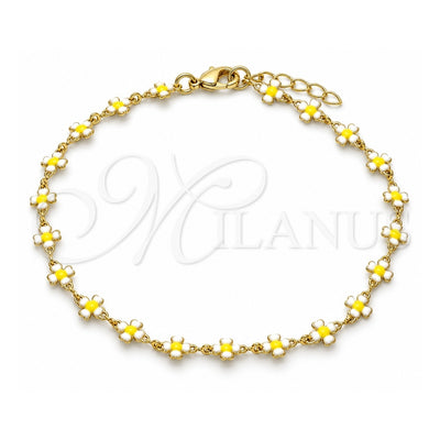 Oro Laminado Fancy Anklet, Gold Filled Style Four-leaf Clover Design, White Enamel Finish, Golden Finish, 03.386.0009.10 (06 MM Thickness, 10 Inches Length)