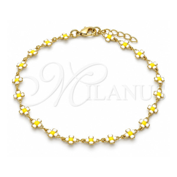Oro Laminado Fancy Anklet, Gold Filled Style Four-leaf Clover Design, White Enamel Finish, Golden Finish, 03.386.0009.10 (06 MM Thickness, 10 Inches Length)