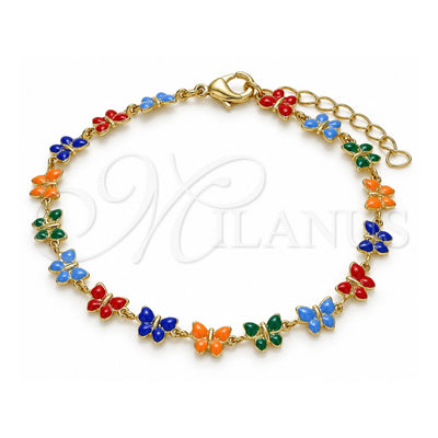 Oro Laminado Fancy Bracelet, Gold Filled Style Butterfly Design, Multicolor Enamel Finish, Golden Finish, 03.386.0010.07 (06 MM Thickness, 7 Inches Length)