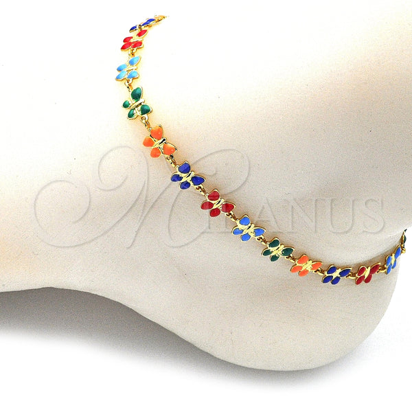 Oro Laminado Fancy Anklet, Gold Filled Style Butterfly Design, Multicolor Enamel Finish, Golden Finish, 03.386.0010.10 (06 MM Thickness, 10 Inches Length)