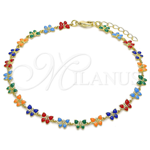 Oro Laminado Fancy Anklet, Gold Filled Style Butterfly Design, Multicolor Enamel Finish, Golden Finish, 03.386.0010.10 (06 MM Thickness, 10 Inches Length)