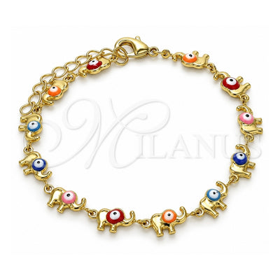Oro Laminado Fancy Bracelet, Gold Filled Style Elephant Design, Multicolor Enamel Finish, Golden Finish, 03.386.0011.07 (07 MM Thickness, 7 Inches Length)