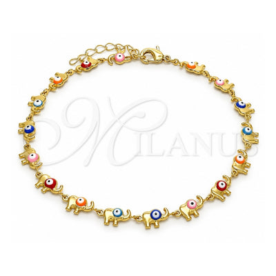 Oro Laminado Fancy Anklet, Gold Filled Style Elephant Design, Multicolor Enamel Finish, Golden Finish, 03.386.0011.10 (07 MM Thickness, 10 Inches Length)