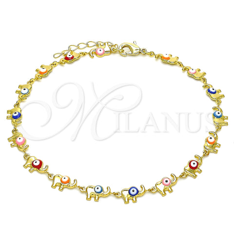 Oro Laminado Fancy Anklet, Gold Filled Style Elephant Design, Multicolor Enamel Finish, Golden Finish, 03.386.0011.10 (07 MM Thickness, 10 Inches Length)