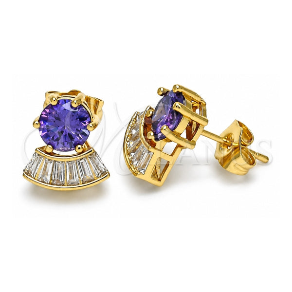 Oro Laminado Stud Earring, Gold Filled Style Baguette Design, with Amethyst and White Cubic Zirconia, Polished, Golden Finish, 02.346.0008.1