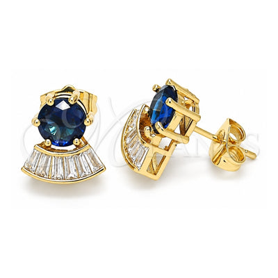 Oro Laminado Stud Earring, Gold Filled Style Baguette Design, with Sapphire Blue and White Cubic Zirconia, Polished, Golden Finish, 02.346.0008.2