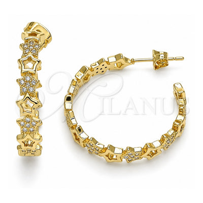 Oro Laminado Stud Earring, Gold Filled Style Star Design, with White Micro Pave, Polished, Golden Finish, 02.341.0113
