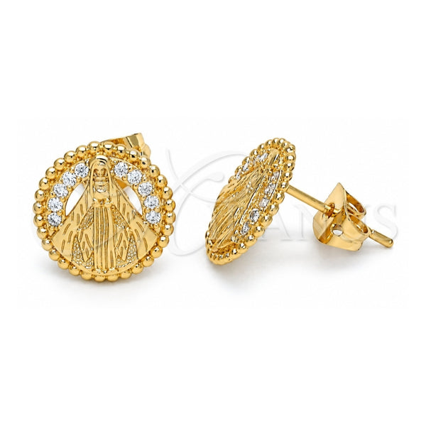 Oro Laminado Stud Earring, Gold Filled Style Caridad del Cobre Design, with White Micro Pave, Polished, Golden Finish, 02.213.0264