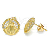Oro Laminado Stud Earring, Gold Filled Style Caridad del Cobre Design, with White Micro Pave, Polished, Golden Finish, 02.213.0264