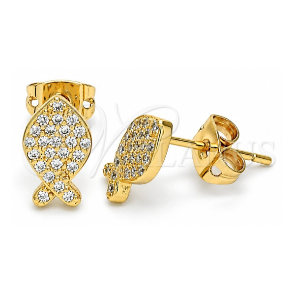 Oro Laminado Stud Earring, Gold Filled Style Fish Design, with White Micro Pave, Polished, Golden Finish, 02.213.0265