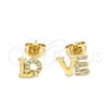 Oro Laminado Stud Earring, Gold Filled Style Love Design, with White Micro Pave, Polished, Golden Finish, 02.213.0266