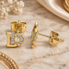 Oro Laminado Stud Earring, Gold Filled Style Love Design, with White Micro Pave, Polished, Golden Finish, 02.213.0266