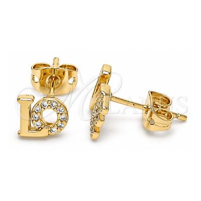 Oro Laminado Stud Earring, Gold Filled Style Love Design, with White Micro Pave, Polished, Golden Finish, 02.213.0266