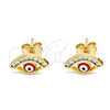 Oro Laminado Stud Earring, Gold Filled Style Evil Eye Design, with White Cubic Zirconia, Red Enamel Finish, Golden Finish, 02.213.0267