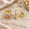 Oro Laminado Stud Earring, Gold Filled Style Evil Eye Design, with White Cubic Zirconia, Red Enamel Finish, Golden Finish, 02.213.0267