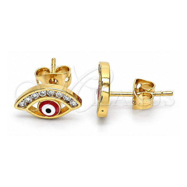 Oro Laminado Stud Earring, Gold Filled Style Evil Eye Design, with White Cubic Zirconia, Red Enamel Finish, Golden Finish, 02.213.0267