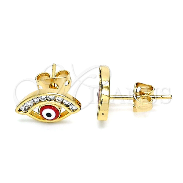Oro Laminado Stud Earring, Gold Filled Style Evil Eye Design, with White Cubic Zirconia, Red Enamel Finish, Golden Finish, 02.213.0267