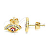 Oro Laminado Stud Earring, Gold Filled Style Evil Eye Design, with White Cubic Zirconia, Red Enamel Finish, Golden Finish, 02.213.0267