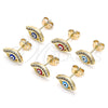 Oro Laminado Stud Earring, Gold Filled Style Evil Eye Design, with White Cubic Zirconia, Red Enamel Finish, Golden Finish, 02.213.0267