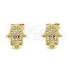 Oro Laminado Stud Earring, Gold Filled Style Hand of God Design, with White Micro Pave, Red Enamel Finish, Golden Finish, 02.213.0268
