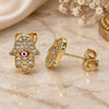 Oro Laminado Stud Earring, Gold Filled Style Hand of God and Judaica Design, with White Micro Pave, Red Enamel Finish, Golden Finish, 02.213.0268