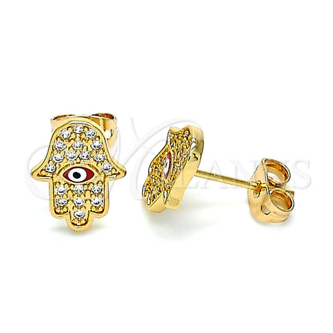 Oro Laminado Stud Earring, Gold Filled Style Hand of God Design, with White Micro Pave, Red Enamel Finish, Golden Finish, 02.213.0268