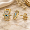 Oro Laminado Stud Earring, Gold Filled Style Hand of God and Judaica Design, with White Micro Pave, Turquoise Enamel Finish, Golden Finish, 02.213.0268.1