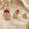 Oro Laminado Stud Earring, Gold Filled Style Hand of God and Judaica Design, with White and Black Micro Pave, Red Enamel Finish, Golden Finish, 02.213.0269