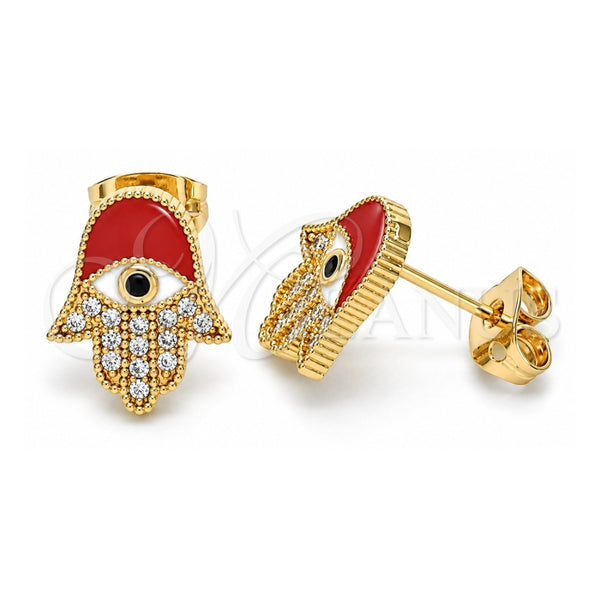 Oro Laminado Stud Earring, Gold Filled Style Hand of God and Judaica Design, with White and Black Micro Pave, Red Enamel Finish, Golden Finish, 02.213.0269