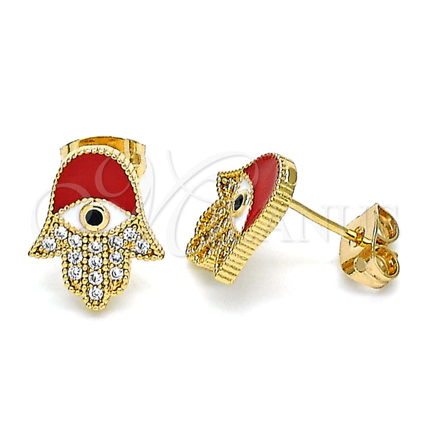 Oro Laminado Stud Earring, Gold Filled Style Hand of God Design, with White and Black Micro Pave, Red Enamel Finish, Golden Finish, 02.213.0269