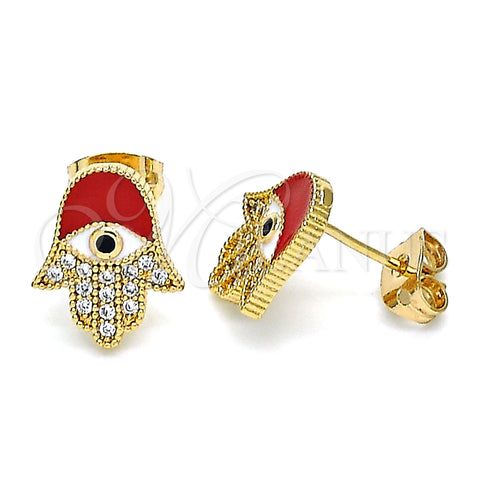 Oro Laminado Stud Earring, Gold Filled Style Hand of God Design, with White and Black Micro Pave, Red Enamel Finish, Golden Finish, 02.213.0269