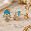 Oro Laminado Stud Earring, Gold Filled Style Hand of God and Judaica Design, with White and Black Micro Pave, Azul claro Enamel Finish, Golden Finish, 02.213.0269.1