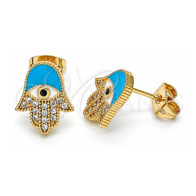 Oro Laminado Stud Earring, Gold Filled Style Hand of God and Judaica Design, with White and Black Micro Pave, Azul claro Enamel Finish, Golden Finish, 02.213.0269.1