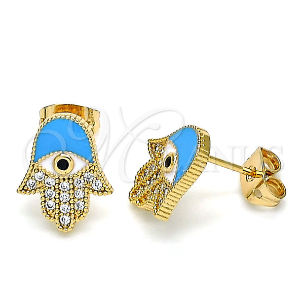 Oro Laminado Stud Earring, Gold Filled Style Hand of God Design, with White and Black Micro Pave, Azul claro Enamel Finish, Golden Finish, 02.213.0269.1