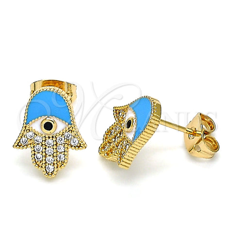 Oro Laminado Stud Earring, Gold Filled Style Hand of God Design, with White and Black Micro Pave, Azul claro Enamel Finish, Golden Finish, 02.213.0269.1