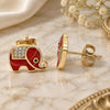 Oro Laminado Stud Earring, Gold Filled Style Elephant Design, with White and Black Micro Pave, Red Enamel Finish, Golden Finish, 02.213.0270.1