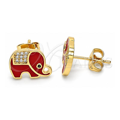 Oro Laminado Stud Earring, Gold Filled Style Elephant Design, with White and Black Micro Pave, Red Enamel Finish, Golden Finish, 02.213.0270.1