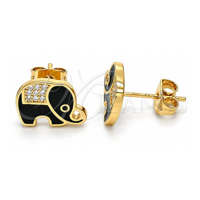 Oro Laminado Stud Earring, Gold Filled Style Elephant Design, with White and Black Micro Pave, Black Enamel Finish, Golden Finish, 02.213.0270.2