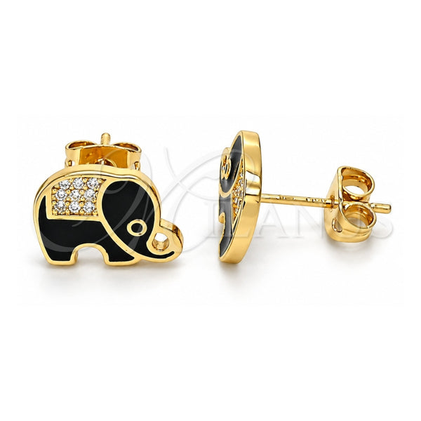 Oro Laminado Stud Earring, Gold Filled Style Elephant Design, with White and Black Micro Pave, Black Enamel Finish, Golden Finish, 02.213.0270.2