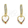 Oro Laminado Huggie Hoop, Gold Filled Style Heart Design, with Multicolor Micro Pave, Polished, Golden Finish, 02.316.0071.1.15