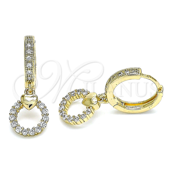 Gold Filled Hoop Earrings — Huggie Hoop Heart Design with White Micro Pave — main product view — SKU 144000 | Oro Laminado aretes de aro — Huggie Hoop corazón diseño with blanco Micro Pave — SKU 144000