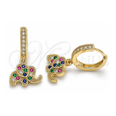 Oro Laminado Huggie Hoop, Gold Filled Style Elephant Design, with Multicolor Micro Pave, Polished, Golden Finish, 02.316.0073.1.15