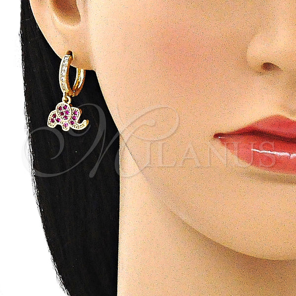 Gold Filled Hoop Earrings — Huggie Hoop Elephant Design with Ruby and White — alternate product view — SKU 144005 | Oro Laminado aretes de aro — Huggie Hoop Elephant diseño with Ruby and blanco — SKU 144005