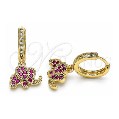 Oro Laminado Huggie Hoop, Gold Filled Style Elephant Design, with Ruby and White Micro Pave, Polished, Golden Finish, 02.316.0073.2.15