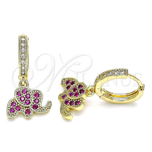 Gold Filled Hoop Earrings — Huggie Hoop Elephant Design with Ruby and White — main product view — SKU 144005 | Oro Laminado aretes de aro — Huggie Hoop Elephant diseño with Ruby and blanco — SKU 144005